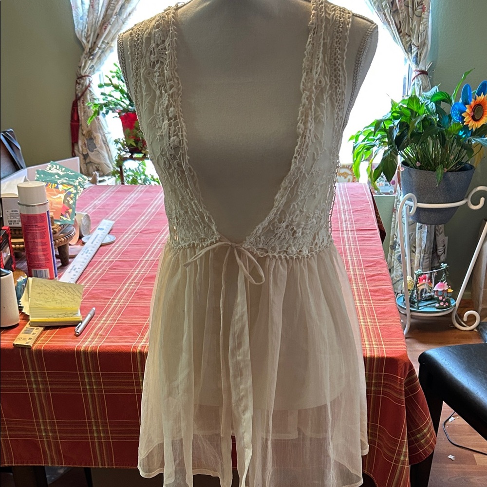 Vintage Sis Sis White Sleeveless Cardigan Lace Crochet Upper Sheer Lower Fabric